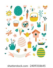 Set of Easter design elements. Eggs, chicken, butterfly, rabbit, tulips, flowers, willow, branches, basket, candles, cake. For holiday decoration and spring greeting cards. Vector illustration