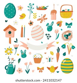 Set of Easter design elements. Eggs, chicken, butterfly, rabbit, tulips, flowers, willow, branches, basket, candles, cake. For holiday decoration and spring greeting cards. Vector illustration