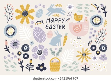 Set of Easter design elements. Eggs, basket, chicken, rabbit, flowers and branches. Perfect for holiday decoration and spring greeting cards. Vector illustration