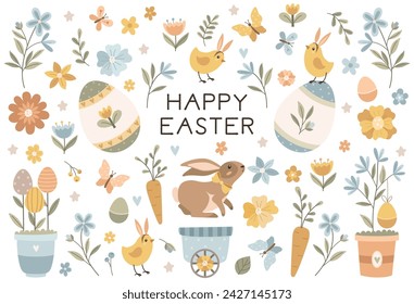 Set of Easter design elements. Eggs, cart, chickens, rabbit, flowers and branches. Ideal for holiday decoration. Vector illustration