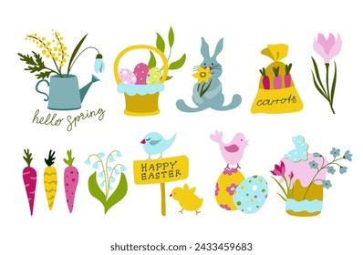 Set of Easter design elements. Eggs, chicken, rabbit, tulips, flowers, basket, tulips, carrots,narcissus,watering can and Easter cake.Vector flat on a white background.Isolated