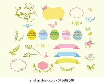 Set of Easter design elements  eggs, ribbons, frames, floral  vector illustration.