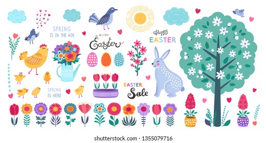 Set of Easter design elements. Hand drawn eggs, chicken, flowers, birds, rabbit and calligraphy on white background. Cute flat vector illustrations in bright colors for stickers, tags, labels. EPS 8.