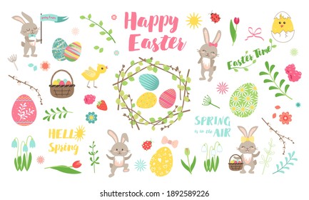 Set of Easter design elements and icons. Cute bunny, chickens, eggs and flowers. Perfect for holiday decoration and spring greeting cards.