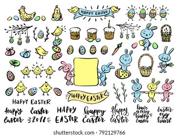 Set of Easter design elements and lettering. Hand drawn vector illustration.