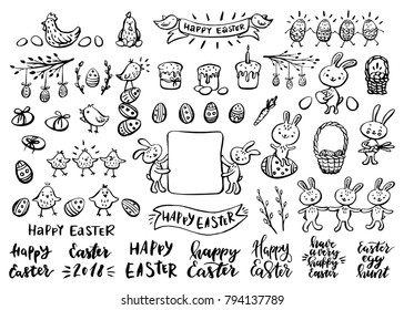 Set of Easter design elements and lettering. Hand drawn vector illustration.