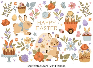 Set of Easter design elements. Rabbits, eggs, Easter cakes, sweets, flowers and branches. Ideal for holiday decorations for spring greeting cards. Vector illustration