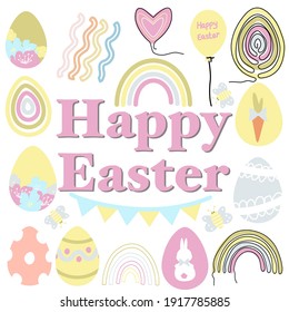 A set of Easter design elements. Rainbow, egg, butterfly, flags, carrot, rabbit, flowers, balloon.Perfect for holiday decoration and spring greeting cards