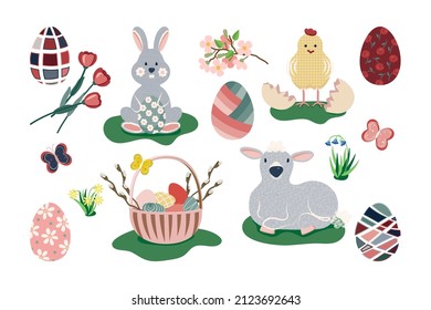 Set of Easter design elements. Sheep, eggs, chicken, butterflys, rabbit, tulips, flowers, willow, branche, basket. Vector decorating elements for Easter and spring greeting cards.