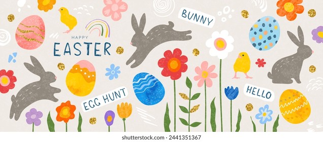 Set of Easter design elements.Collection of cute eggs,hares,flowers,chickens,handwritten inscriptions,doodles. Perfect for holiday decoration and spring greeting cards. Vector illustration