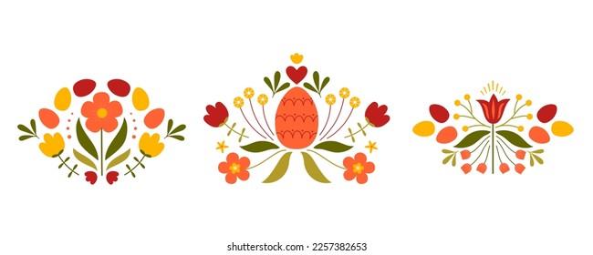 Set of Easter designs with colored egg and flowers. Template for poster, greeting card, invitation or postcard.