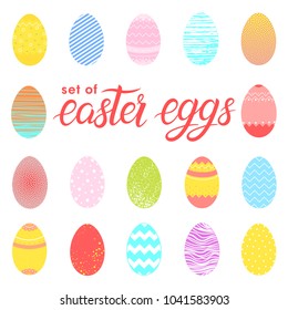 Set of easter different colorful eggs.Easter holiday hand drawn elements perfect for prints, flyers,banners,invitations,special offer and more.Easter eggs icons.Vector illustration.
