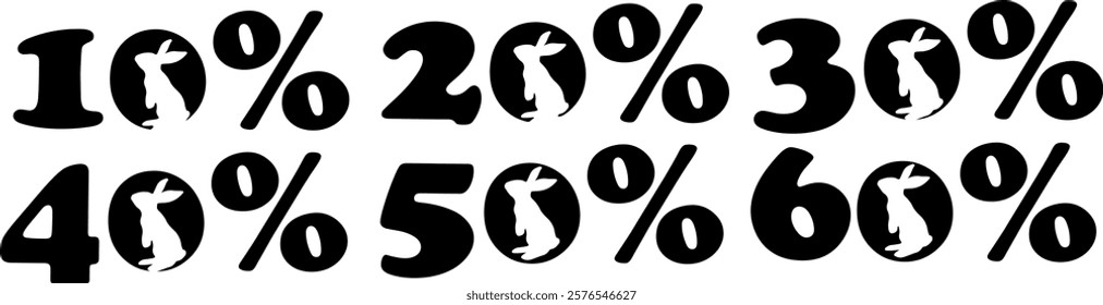 set of easter discount numbers design with rabbit shadow standing on hind legs instead of zero, for various posters or banners	