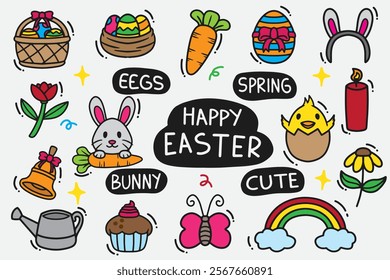 set of easter doodle with color good for background, wallpaper, element design, sticker, icon, etc