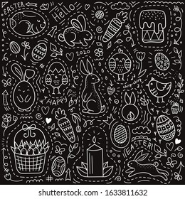 Set of Easter Doodle elements.Cute holiday objects on a black background.Rabbit, chicken, decorated eggs, carrots, basket.Spring holiday.Vector illustration on a chalkboard