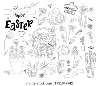 Set of Easter doodles - basket with eggs, cupcake, Easter cakes, Easter bunny, flowers and leaves, pussy willow and tulips, dandelion and daffodil. Vector. line. decor for Easter design