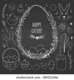 Set of Easter doodles with chickens, rabbits, eggs and floral elements on a chalkboard. 