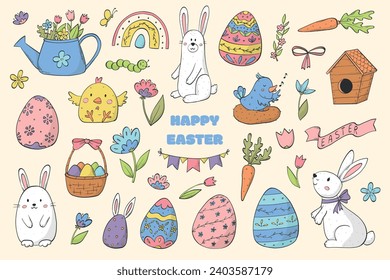Set of Easter doodles, clip art, cartoon elements for stickers, prints, cards, posters and banners. EPS 10