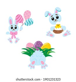 Set of Easter drawing with Easter bunny eggs and flowers on a white isolated background in a flat style, cartoon. Vector Easter drawing. Easter, holiday, sticker, decoration, printing on bags, t-shirt