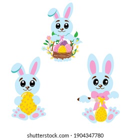 Set of Easter drawing with Easter bunny eggs and flowers on a white isolated background in a flat style, cartoon. Vector Easter drawing. Easter, holiday, sticker, decoration, printing on bags, t-shirt