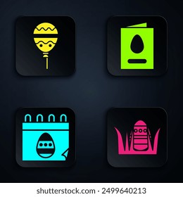 Set Easter egg, Balloons with ribbon, Calendar with Easter egg and Greeting card with Happy Easter. Black square button. Vector