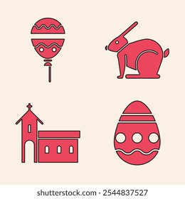 Set Easter egg, Balloons with ribbon, Easter rabbit and Church building icon. Vector