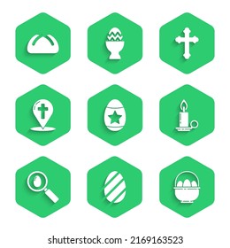 Set Easter egg, Basket with easter eggs, Burning candle in candlestick, Search, Map pointer christian cross, Christian and cake icon. Vector