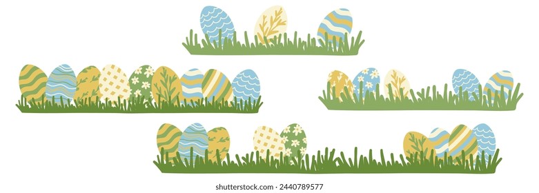 Set of Easter Egg Border. Different Painted Easter Eggs on Grass Collection. Cute Colorful Elements. Holiday Vector Illustration. Hand Drawn Childish Cartoon Style. Isolated on White Background