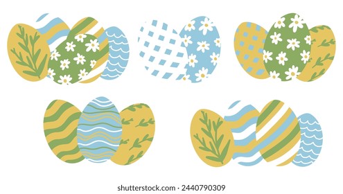 Set of Easter Egg Border. Different Painted Easter Eggs Collection. Cute Aesthetic Colorful Elements. Holiday Vector Illustration. Hand Drawn Childish Cartoon Style. Isolated on White Background