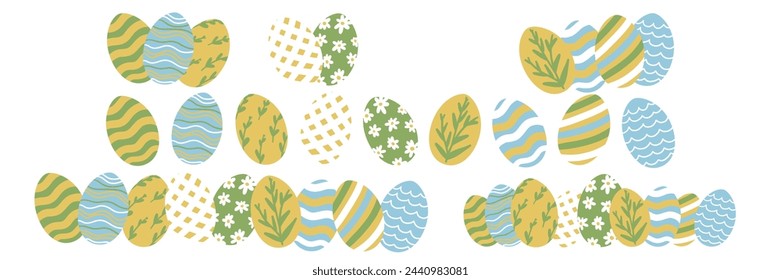 Set of Easter Egg Border. Different Painted Easter Eggs Collection. Cute Aesthetic Colorful Elements. Holiday Vector Illustration. Hand Drawn Childish Cartoon Style. Isolated on White Background