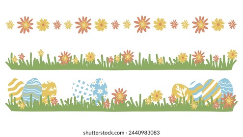 Set of Easter Egg Border. Different Painted Easter Eggs on Grass Collection. Cute Colorful Elements. Holiday Vector Illustration. Hand Drawn Childish Cartoon Style. Isolated on White Background