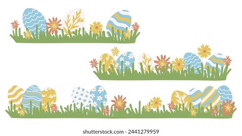 Set of Easter Egg Border. Different Painted Easter Eggs on Grass Collection. Cute Colorful Elements. Holiday Vector Illustration. Hand Drawn Childish Cartoon Style. Isolated on White Background