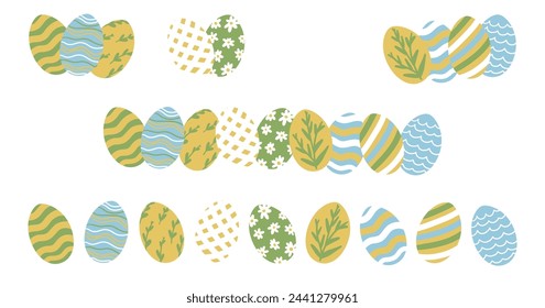 Set of Easter Egg Border. Different Painted Easter Eggs Collection. Cute Aesthetic Colorful Elements. Holiday Vector Illustration. Hand Drawn Childish Cartoon Style. Isolated on White Background