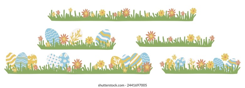 Set of Easter Egg Border. Different Painted Easter Eggs on Grass Collection. Cute Colorful Elements. Holiday Vector Illustration. Hand Drawn Childish Cartoon Style. Isolated on White Background