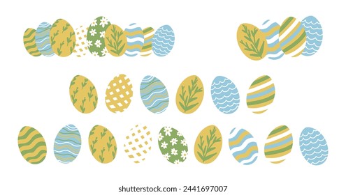 Set of Easter Egg Border. Different Painted Easter Eggs Collection. Cute Aesthetic Colorful Elements. Holiday Vector Illustration. Hand Drawn Childish Cartoon Style. Isolated on White Background