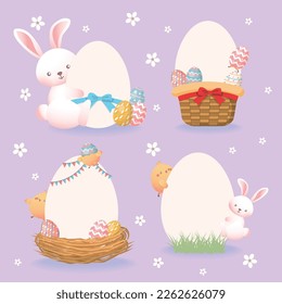 A set of Easter egg borders with hares, chicks, eggs, nests and baskets