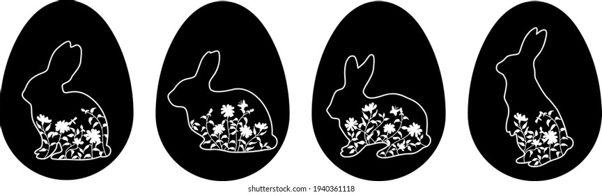 Set Easter egg with bunnies silhouettes with grass, flowers, butterfly. Rabbits in profile black on white background. Vector illustration in linear style for banner or greeting card