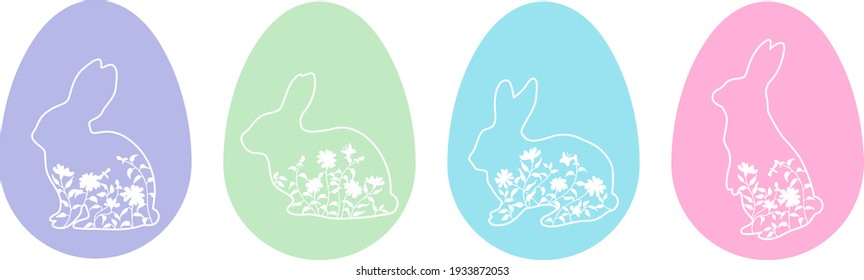 Conjunto de siluetas de huevo de Pascua con hierba y flores. Conejo de la colección Easter en el prado. Ilustración vectorial en estilo lineal en colores pastel. Aislado sobre fondo blanco