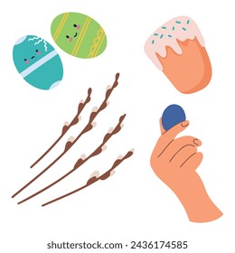 Set of Easter egg, cake, chicken and Willow branches. Vector