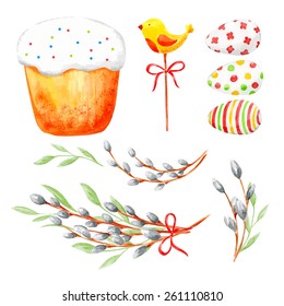 Set of Easter egg, cake, chicken and Willow branches.  Vector Watercolor background.