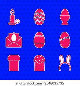 Set Easter egg, cake, Mask with long bunny ears, Broken, Greeting card Happy, stand and Burning candle candlestick icon. Vector