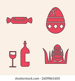 Set Easter egg, Candy, Cracked egg and Wine bottle with glass icon. Vector