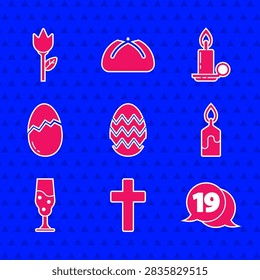Set Easter egg, Christian cross, Speech bubble with happy easter, Burning candle, Wine glass, Broken, candlestick and Flower tulip icon. Vector