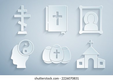 Set Easter egg, Christian icon, Yin Yang, Church building, Holy bible book and cross icon. Vector