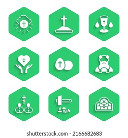 Set Easter egg, Crucifixion of Jesus Christ, Stained glass, Priest, Religious cross heart, Christian chalice and circle icon. Vector