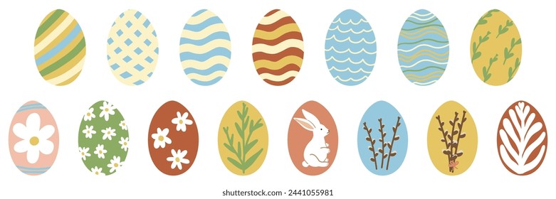 Set of Easter Egg. Different Painted Easter Eggs Collection. Cute Aesthetic Kids Colorful Holiday Vector Illustration. Hand Drawn Childish Cartoon Style. Isolated on White Background