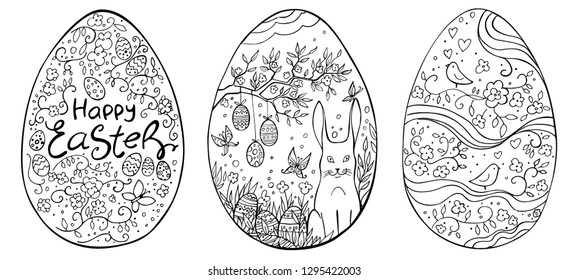 Set of easter egg with doodle ornament on white background. Happy Easter. Vector coloring card. Cartoon Egg drawing. Spring holiday card.