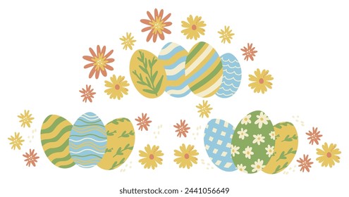 Set of Easter Egg Floral Border. Different Painted Easter Eggs with Flowers Collection. Cute Colorful Elements. Vector Illustration. Hand Drawn Childish Cartoon Style. Isolated on White Background