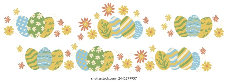 Set of Easter Egg Floral Border. Different Painted Easter Eggs with Flowers Collection. Cute Colorful Elements. Vector Illustration. Hand Drawn Childish Cartoon Style. Isolated on White Background