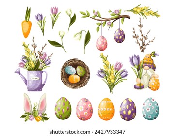 Set Ostereierblumen Blumenstrauß. Freihandzeichnung, Clipart, Isolieren auf weißem Hintergrund, Vektor.